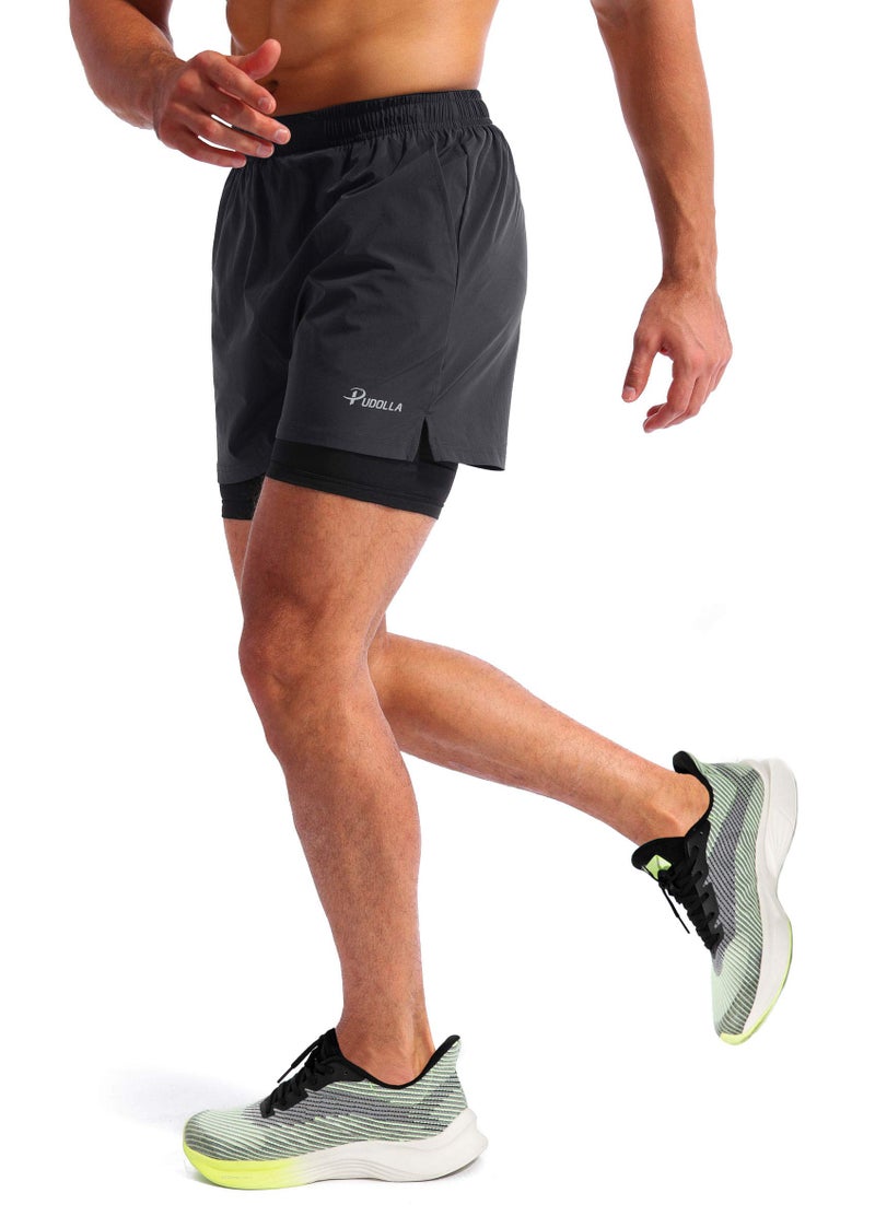 Pudolla Menâ€™s 2 in 1 Running Shorts 5" Quick Dry Gym Athletic Workout Shorts for Men with Phone Pockets(Dark Grey Large) - Image 3